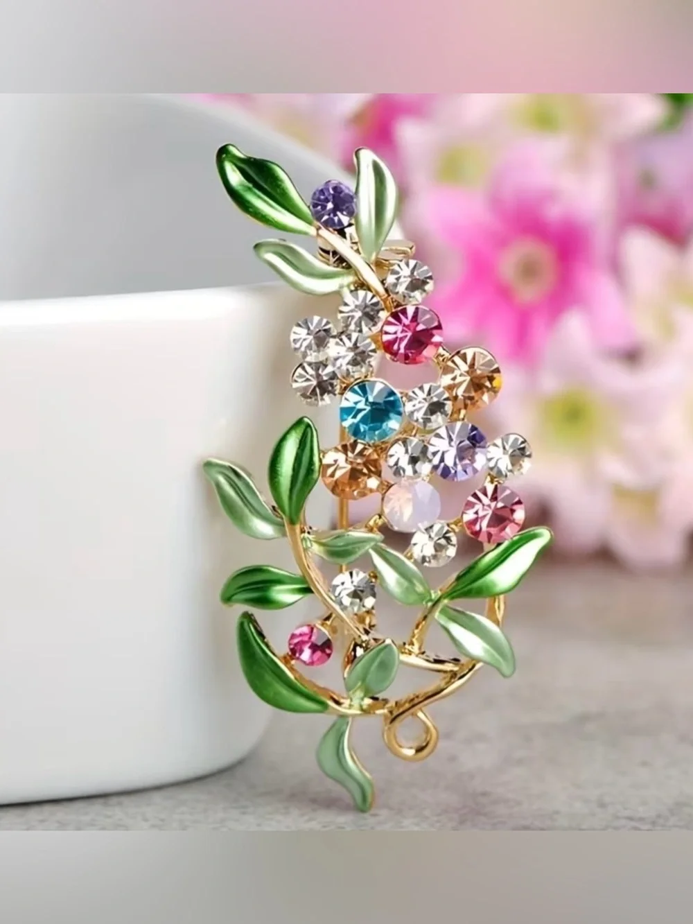 Green Leaf Multicolor Crystal Floral Brooch - Elegant Women's Jewelry